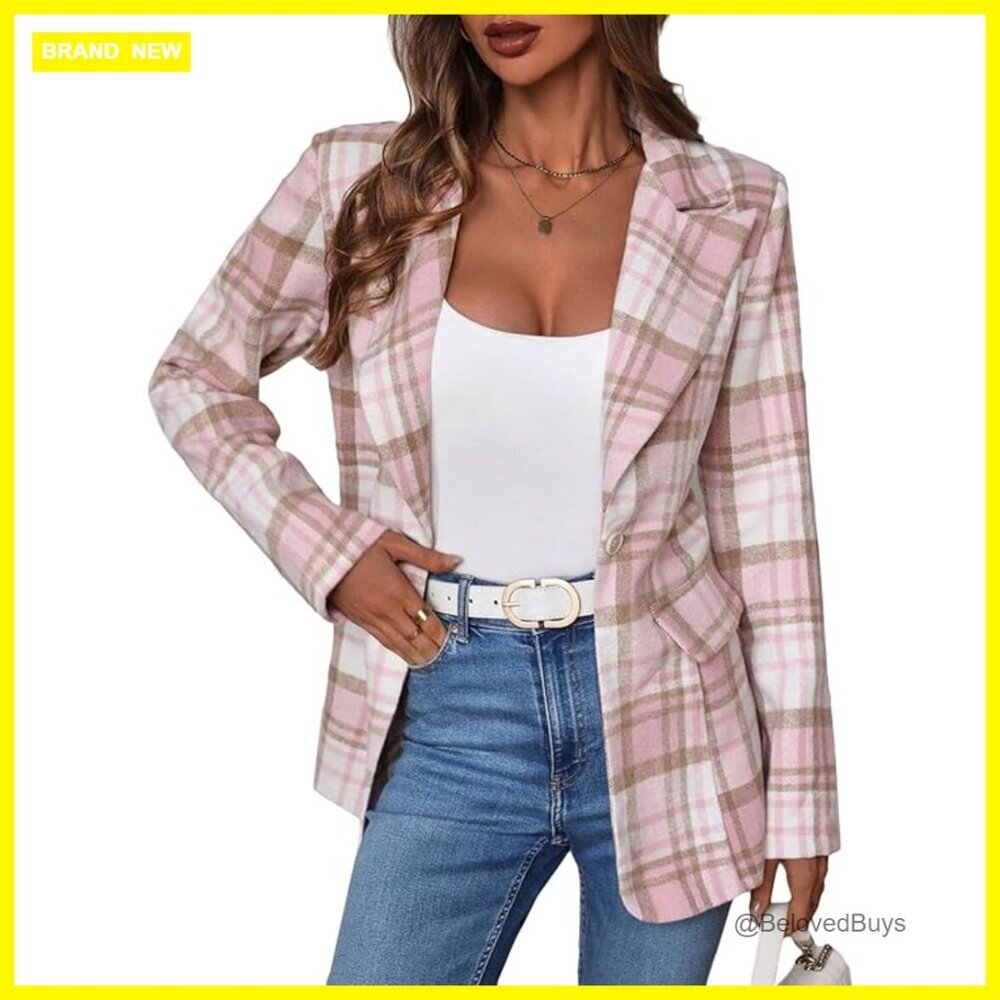 Women's Flannel Plaid Blazer Jacket Slim Fit Lightweight Casual Work Pocket